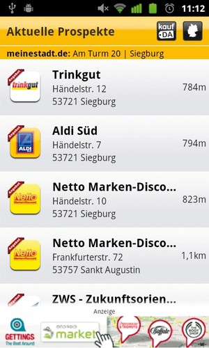 Der kaufDa Navigator auf dem Android-Handy als Bestandteil von meinestadt.de